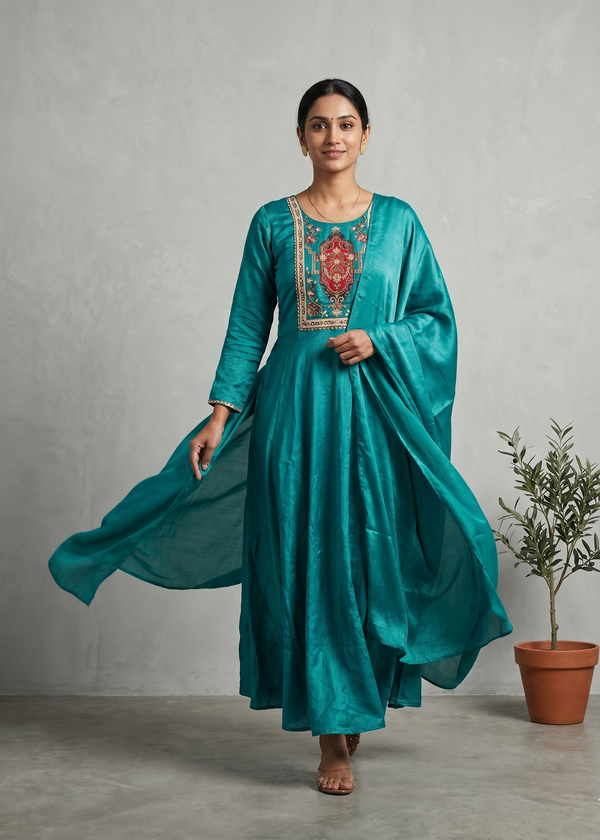Peacock Blue Shika Glass Tissue Anarkali suit set