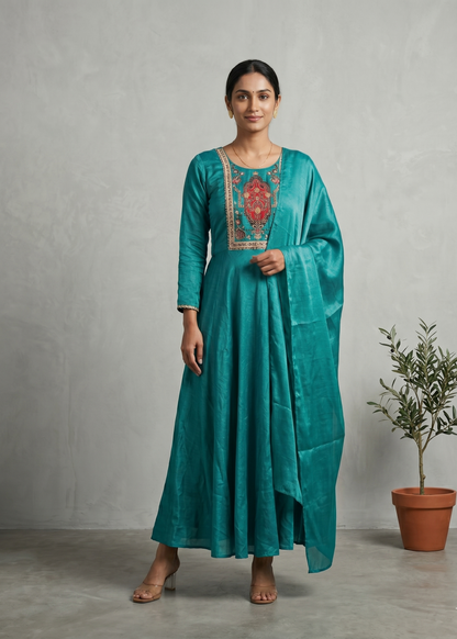 Peacock Blue Shika Glass Tissue Anarkali suit set