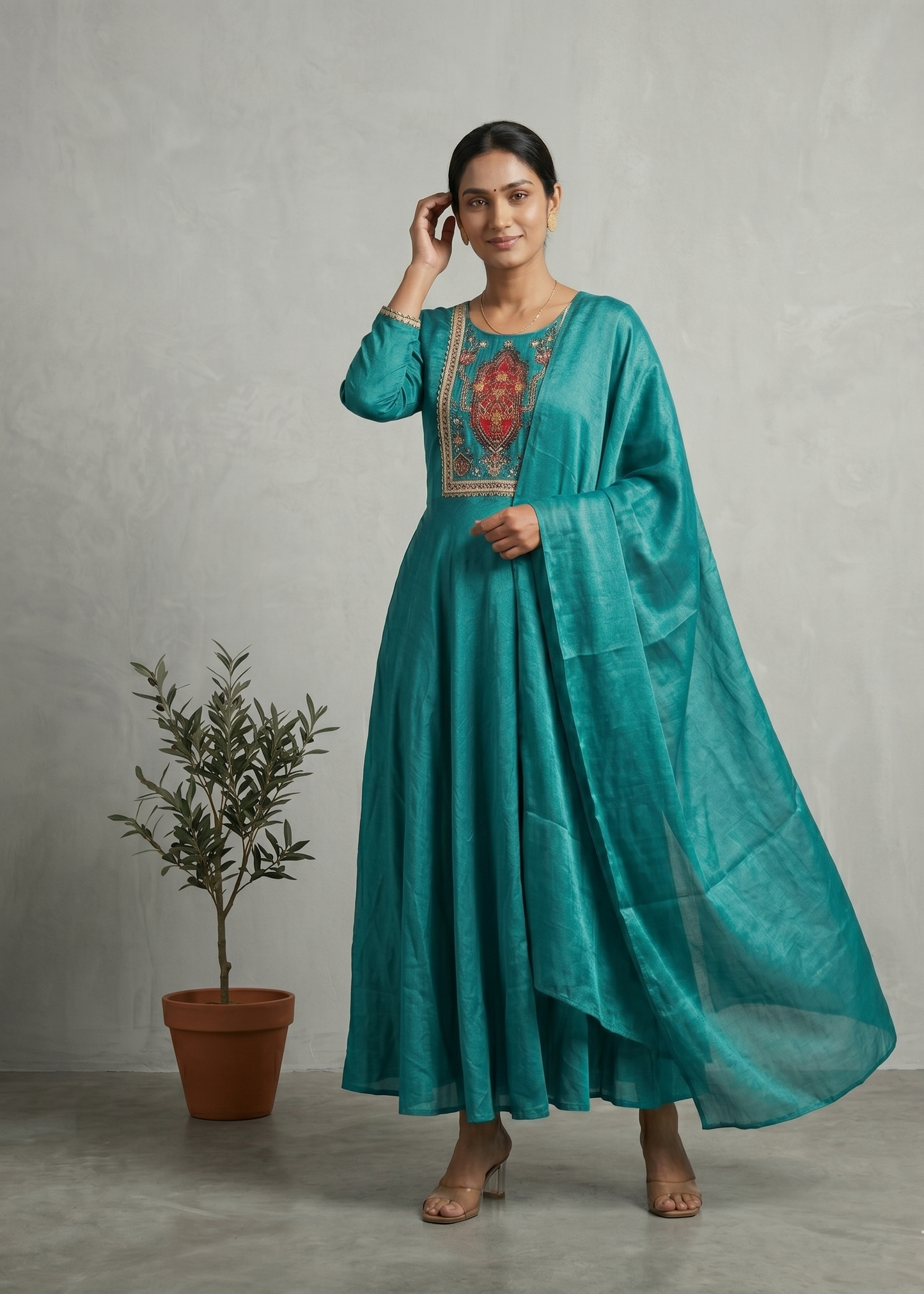 Peacock Blue Shika Glass Tissue Anarkali suit set
