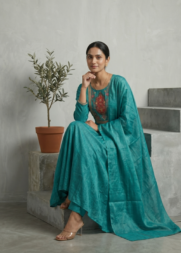 Peacock Blue Shika Glass Tissue Anarkali suit set