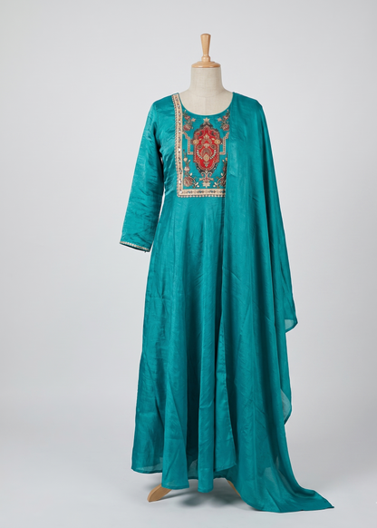 Peacock Blue Shika Glass Tissue Anarkali suit set