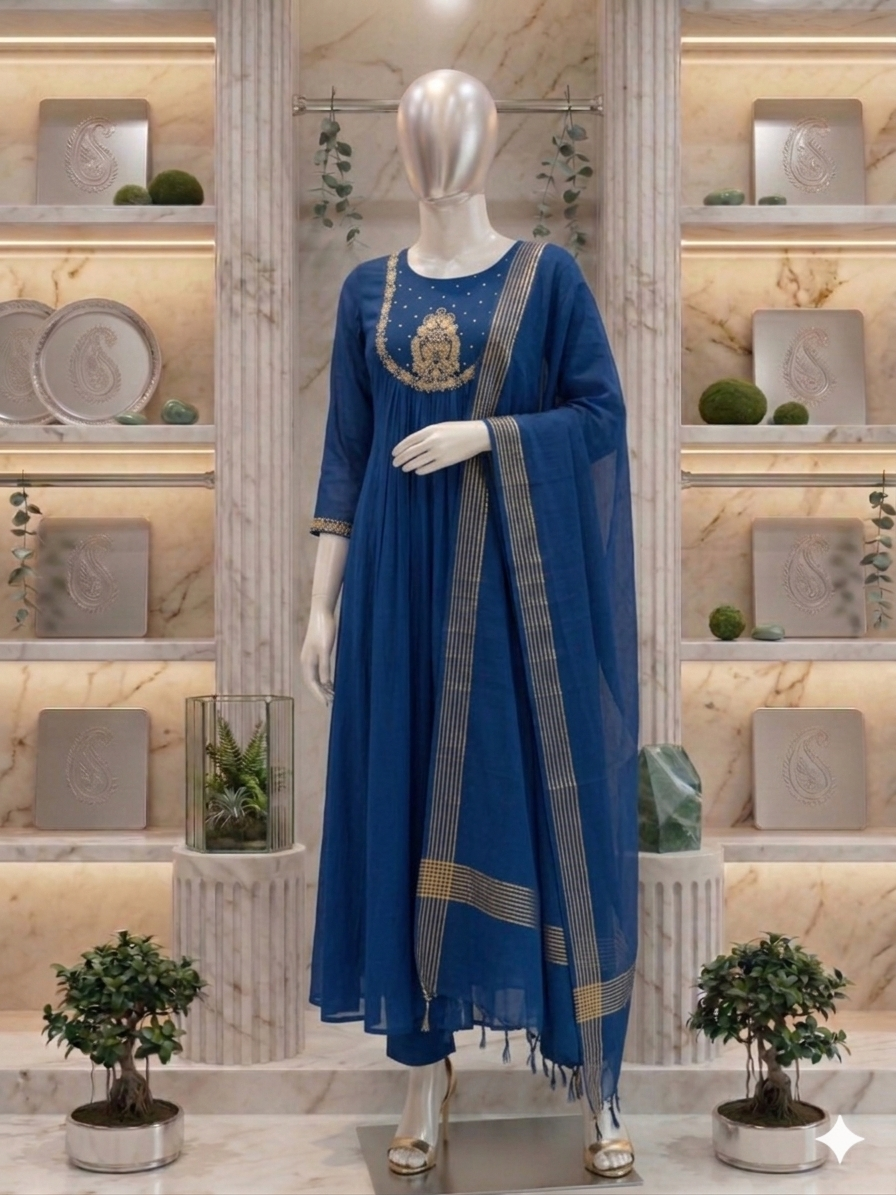 Peacock Blue Tanvi Mulchanderi Silk A-LINE suit set-3