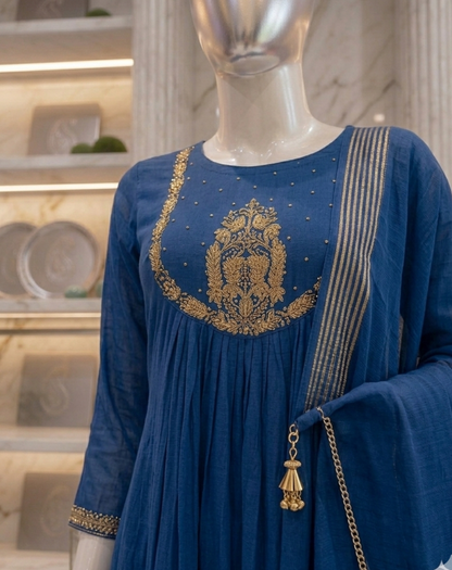 Peacock Blue Tanvi Mulchanderi Silk A-LINE suit set-3