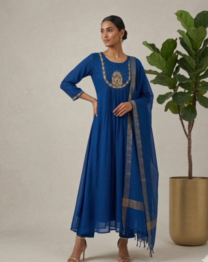 Peacock Blue Tanvi Mulchanderi Silk A-LINE suit set-3