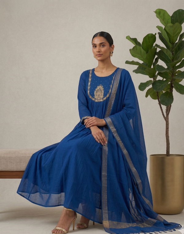 Peacock Blue Tanvi Mulchanderi Silk A-LINE suit set-3