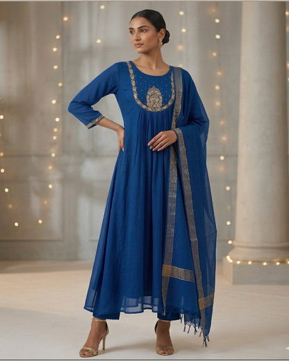 Peacock Blue Tanvi Mulchanderi Silk A-LINE suit set-3