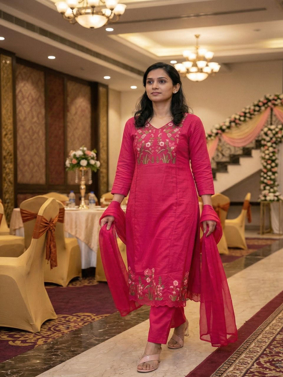 Pink Amaya Mul Cotton A line suit set - Set of 3