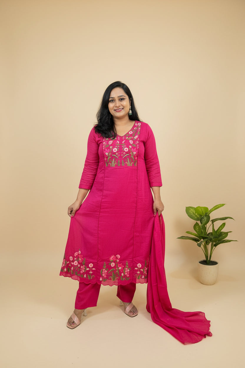 Pink Amaya Mul Cotton A line suit set - Set of 3