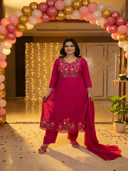 Pink Amaya Mul Cotton A line suit set - Set of 3