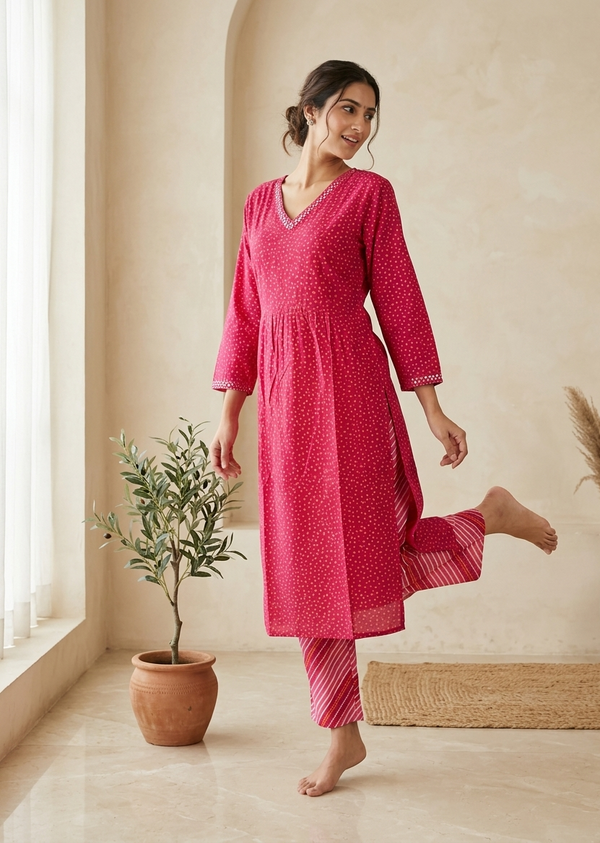 Divi Pink Bhandini Cotton Kurta Bottom Set