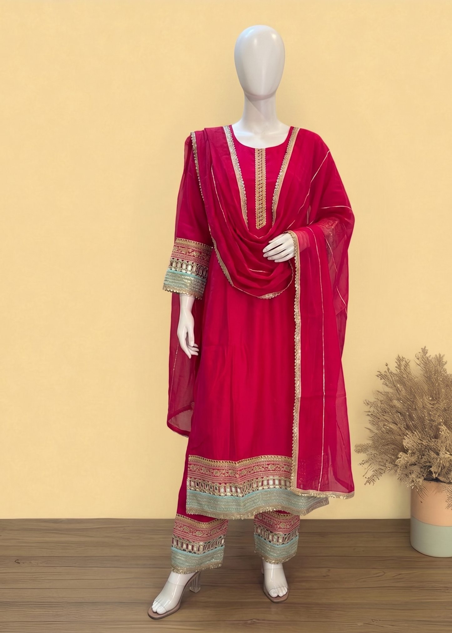 Pink Meena Muslin mirror work Suit set