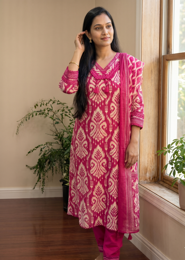 Pink Prisha Ikkat print cotton suit set