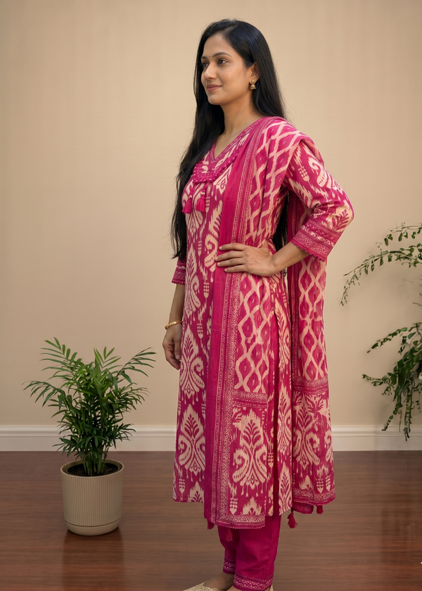 Pink Prisha Ikkat print cotton suit set