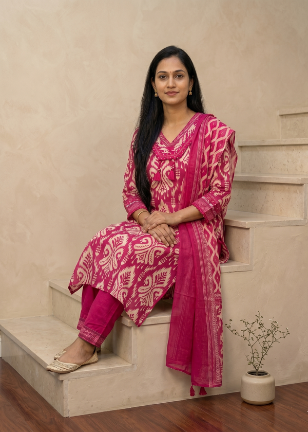 Pink Prisha Ikkat print cotton suit set