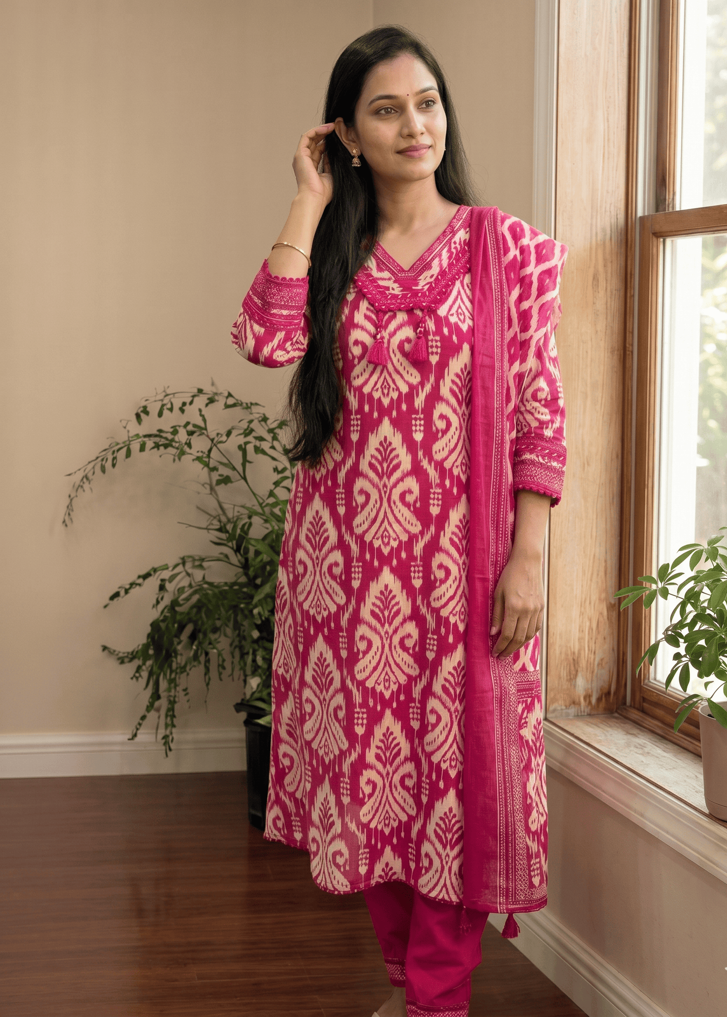 Pink Prisha Ikkat print cotton suit set