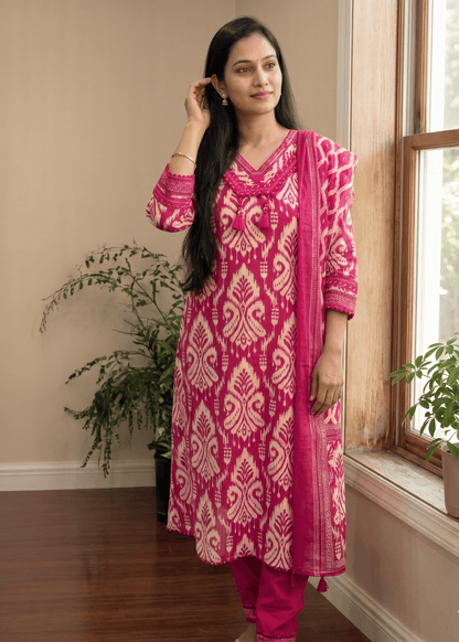 Pink Prisha Ikkat print cotton suit set