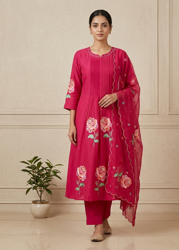 Pink Raasa Bemberg silk A line suit set - Set of 3