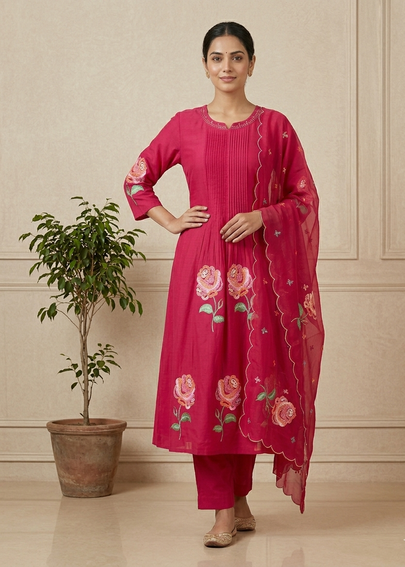 Pink Raasa Bemberg silk A line suit set - Set of 3