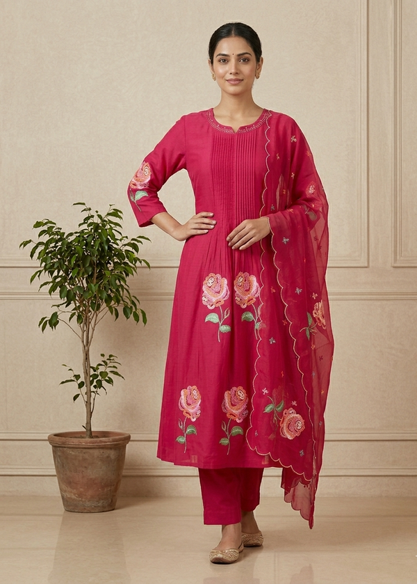 Pink Raasa Bemberg silk A line suit set - Set of 3