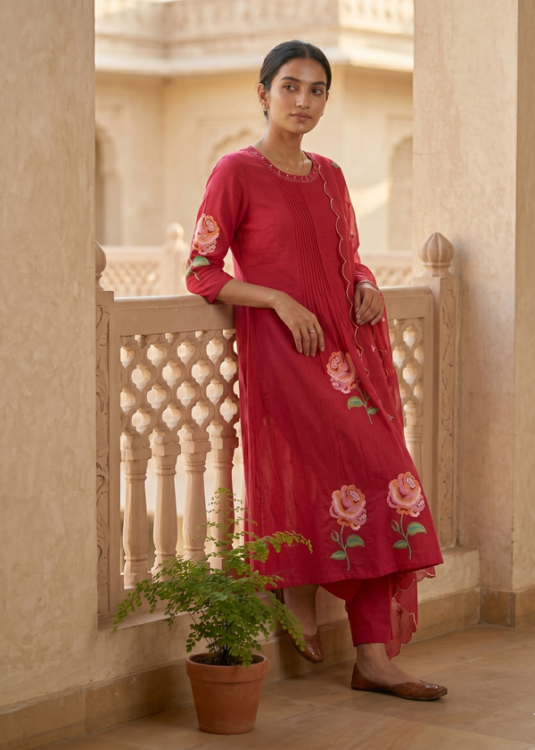 Pink Raasa Bemberg silk A line suit set - Set of 3