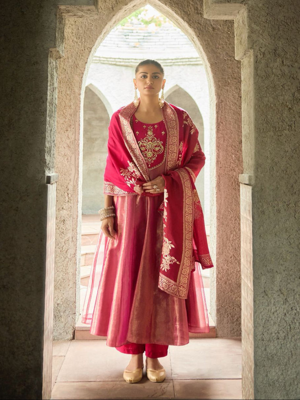 Pink Sajini Tissue Anarkali Suit set- set of 3