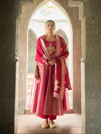 Pink Sajini Tissue Anarkali Suit set- set of 3