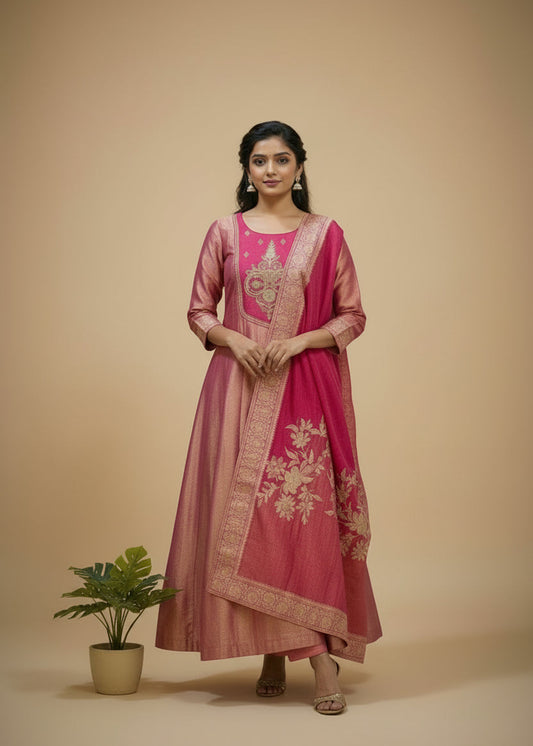 Pink Sajini Tissue Anarkali Suit set- set of 3