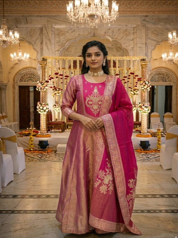 Pink Sajini Tissue Anarkali Suit set- set of 3