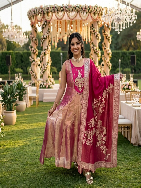 Pink Sajini Tissue Anarkali Suit set- set of 3