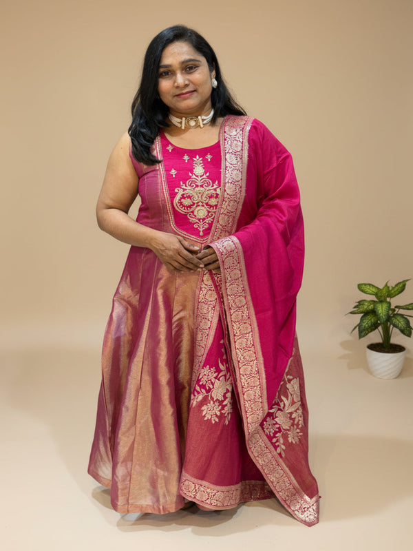 Pink Sajini Tissue Anarkali Suit set- set of 3