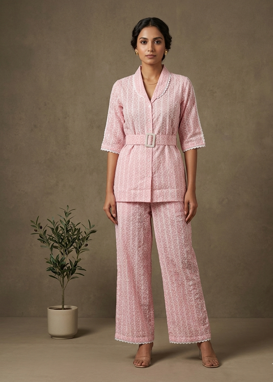 Pink Schiffli Cotton Co-Ord Set