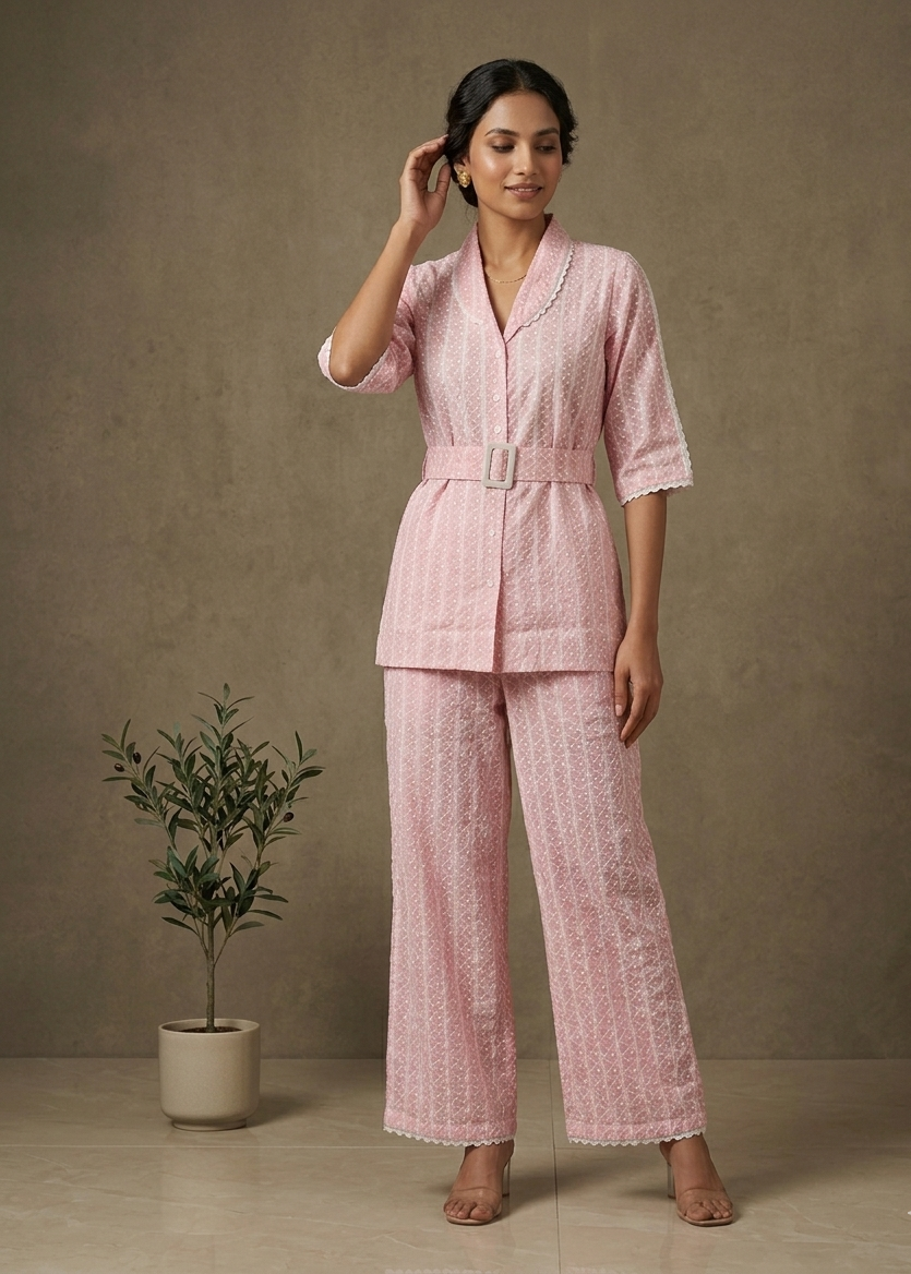Pink Schiffli Cotton Co-Ord Set