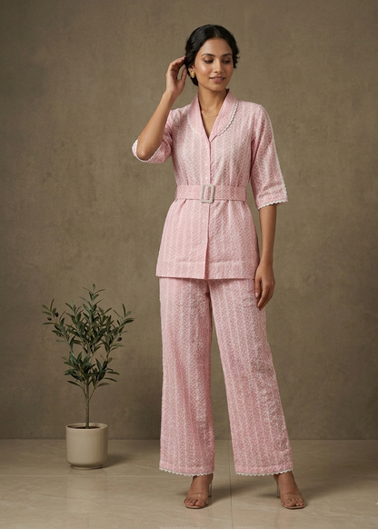 Pink Schiffli Cotton Co-Ord Set