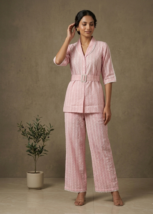 Pink Schiffli Cotton Co-Ord Set