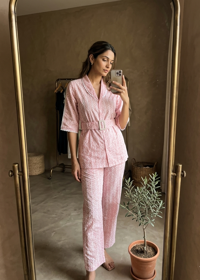 Pink Schiffli Cotton Co-Ord Set