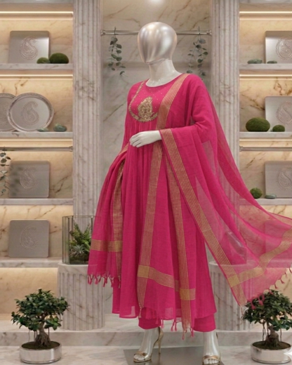 Pink Tanvi Mulchanderi Silk A-LINE suit set-3