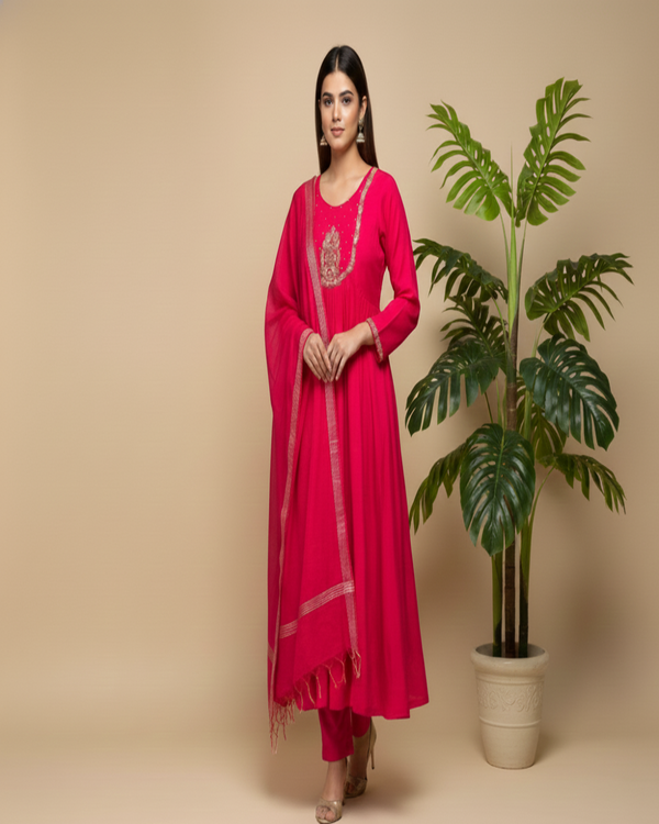 Pink Tanvi Mulchanderi Silk A-LINE suit set-3