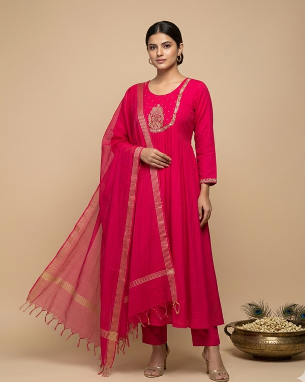 Pink Tanvi Mulchanderi Silk A-LINE suit set-3