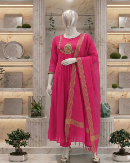 Pink Tanvi Mulchanderi Silk A-LINE suit set-3