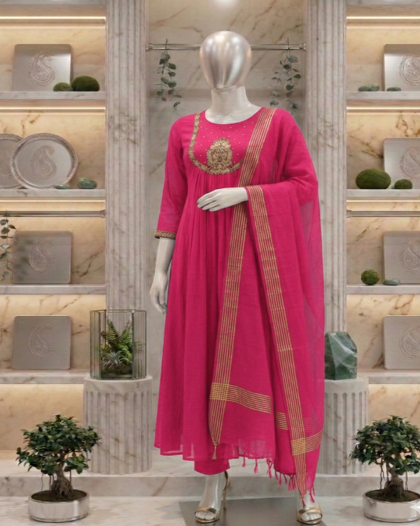 Pink Tanvi Mulchanderi Silk A-LINE suit set-3