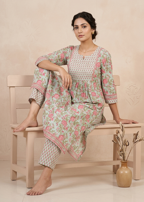 Pista Green Jasmine Floral Nyra cut Cotton suit set