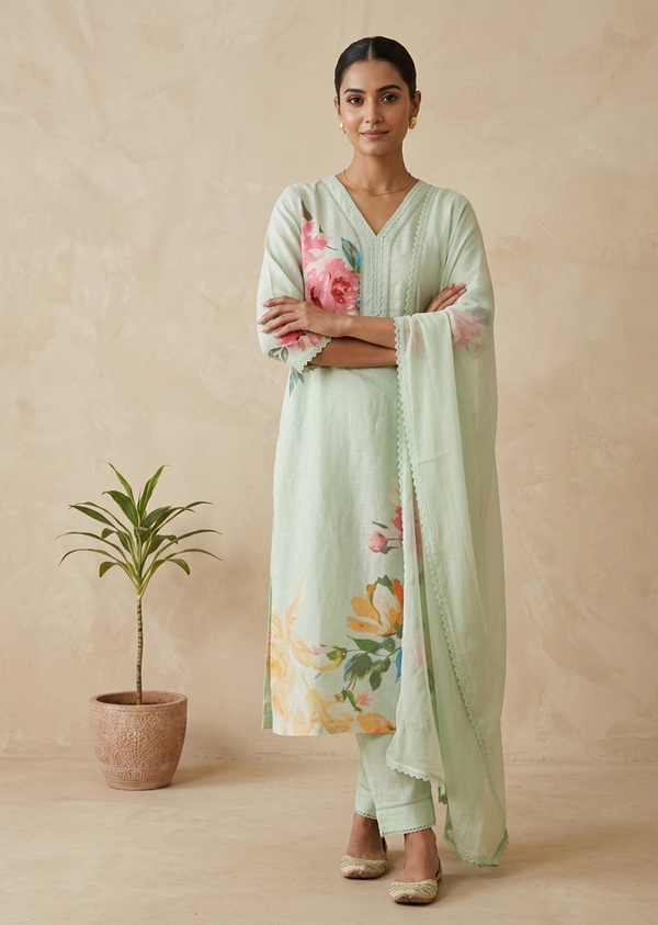 Pista Green Eka Semi lenin Suit Set