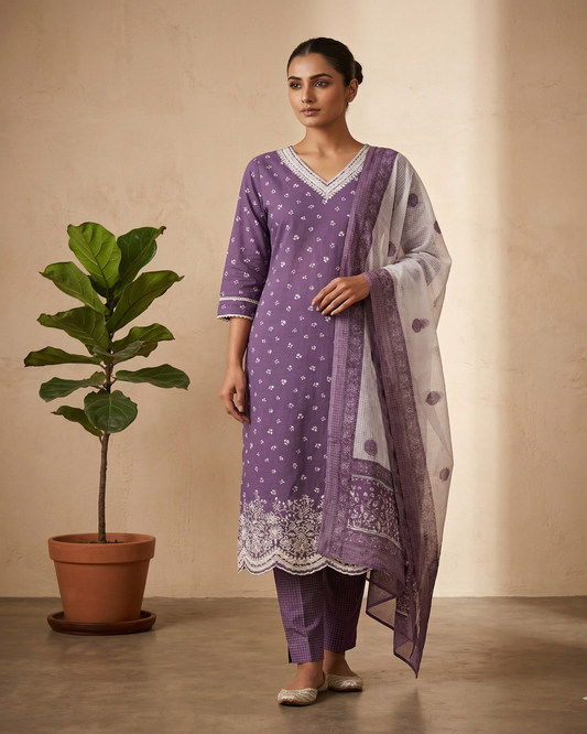 Purple Arohi Cotton Suit-Set of 3