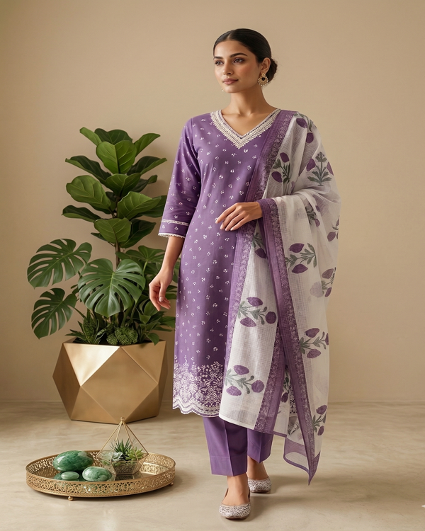 Purple Arohi Cotton Suit-Set of 3