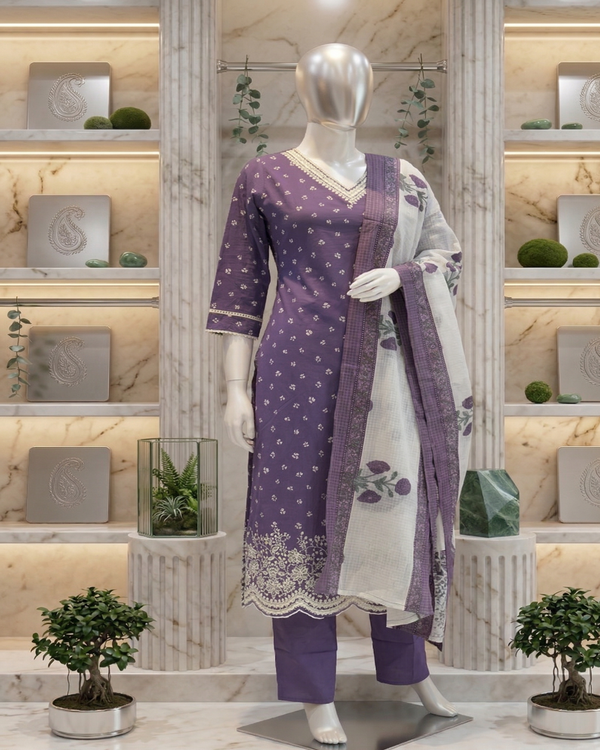 Purple Arohi Cotton Suit-Set of 3
