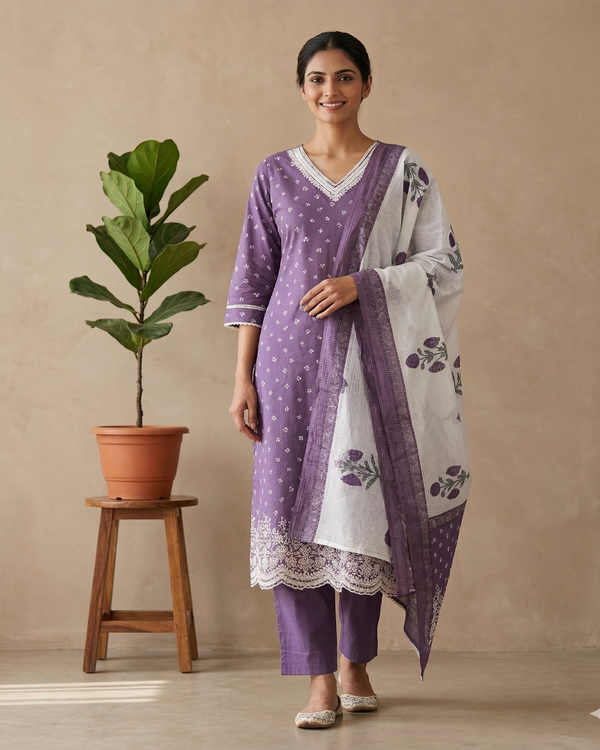 Purple Arohi Cotton Suit-Set of 3