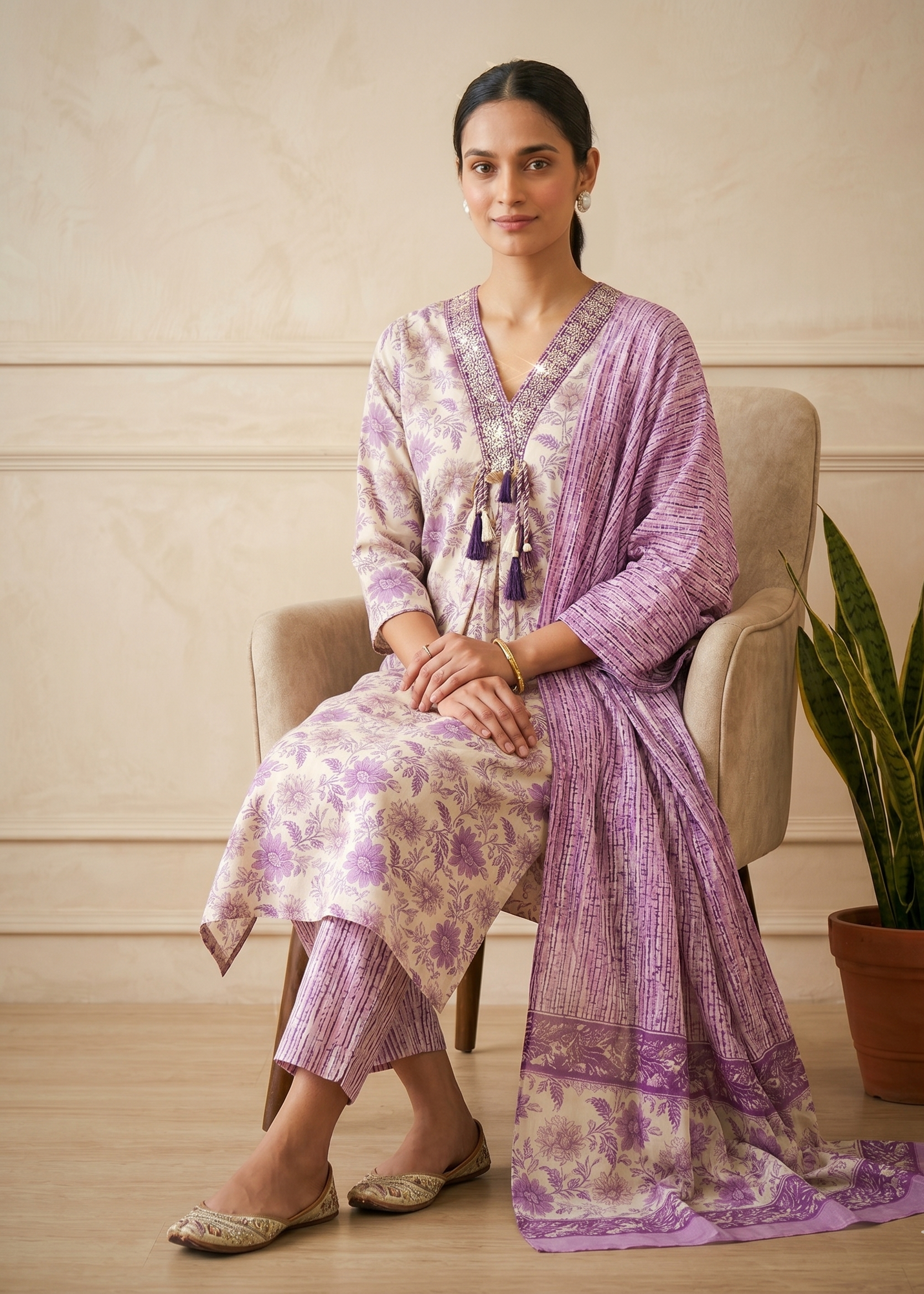 Women’s purple cotton kurta suit set with matching dupatta