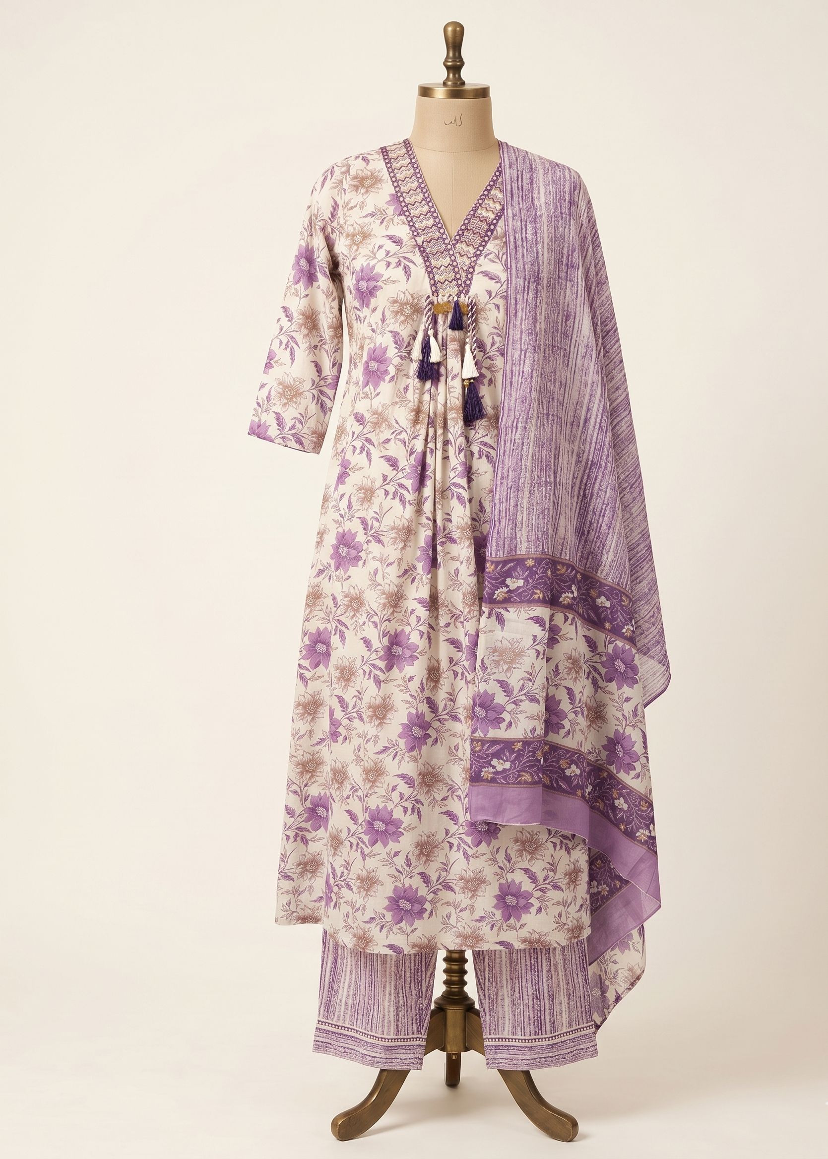 Purple Kaya cotton ethnic 3-piece suit set with kurta, pants, and dupatta for women