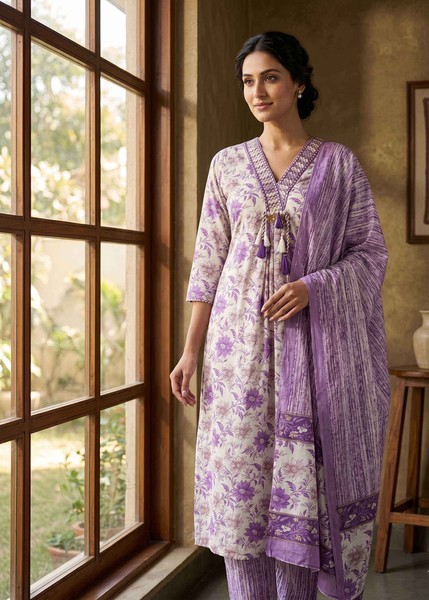 Elegant purple Kaya cotton ethnic suit set for women