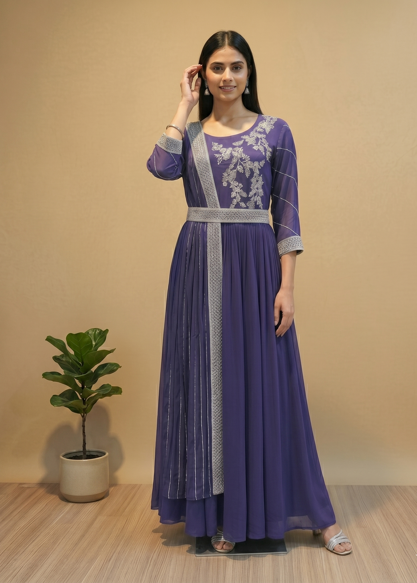 Purple Simran Chinon silk Gown with cutdana work